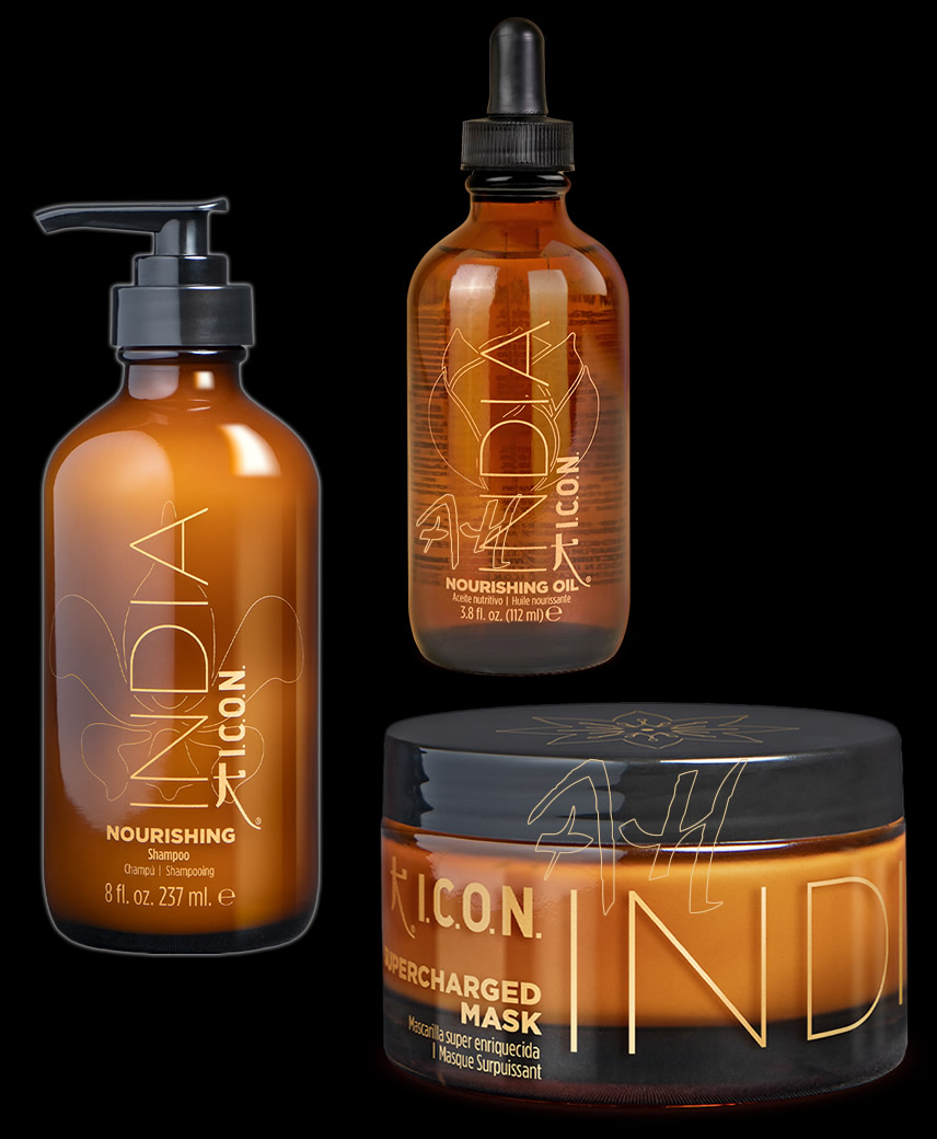 Pack ahorro: aceite INDIA NOURISHING OIL +  champú y Mascarilla INDIA de ICON con bolso negro de regalo