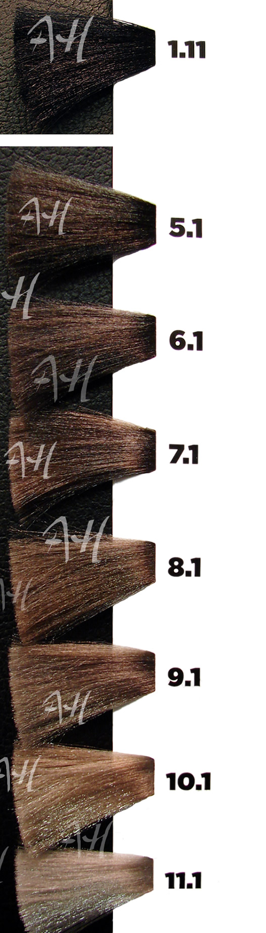 ICON ECOTECH CENIZA: Negro azulado 1.11, Castaño claro ceniza 5.1, Rubio oscuro ceniza 6.1, Rubio ceniza 7.1, Rubio claro ceniza 8.1, Rubio muy claro ceniza 9.1, Platino ceniza 10.1, Platino ultra ceniza 11.1