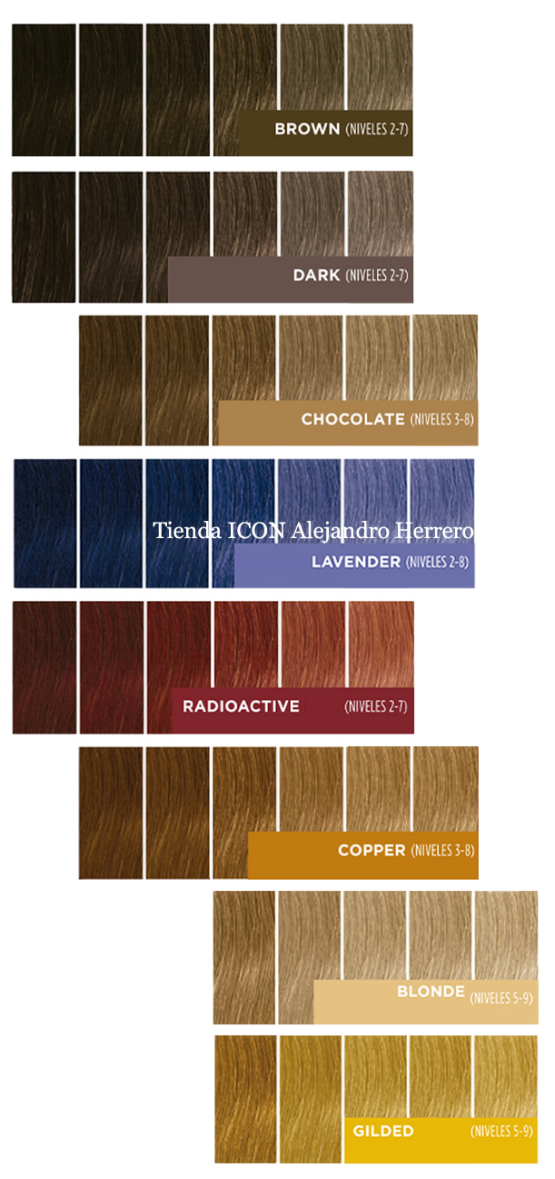 Stained Glass de ICON colores: BROWN, DARK, CHOCOLATE,LAVENDER, RADIOACTIVE, COPPER, BLONDE, GILDED y GLASS