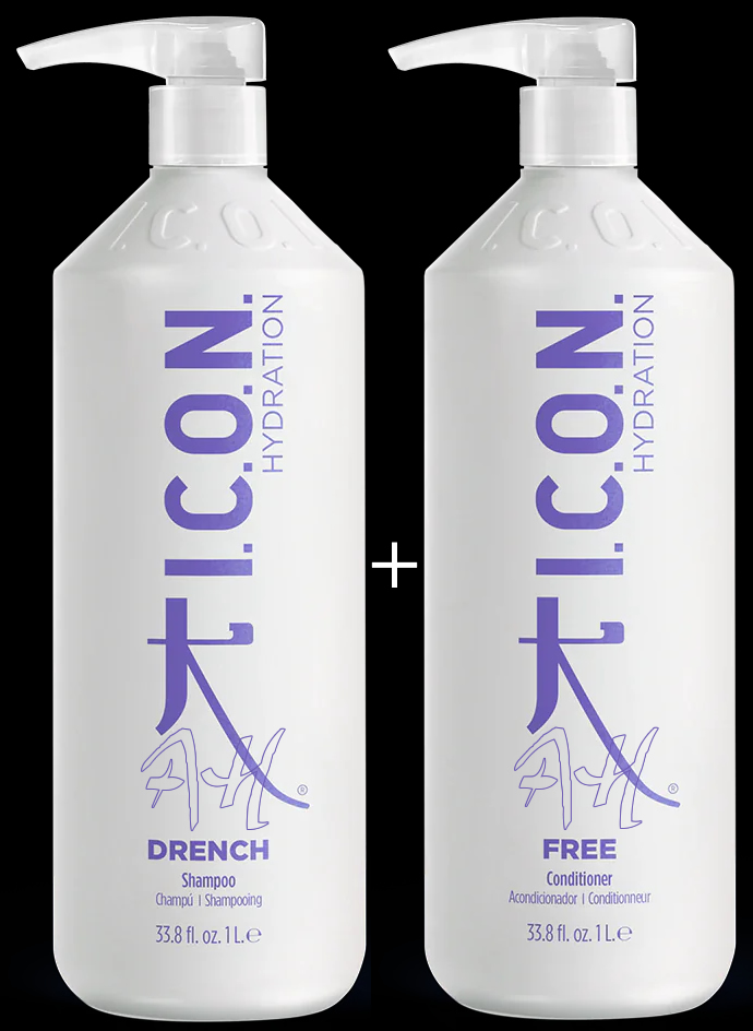 -25% pack en formato 1 litro Pack ahorro: Champú DRENCH + acondicionador FREE de ICON